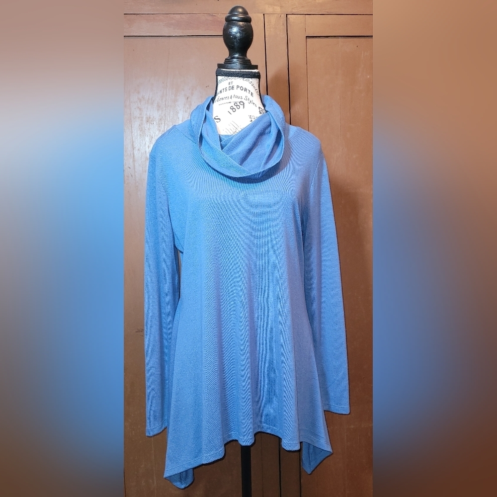 Women's‎ Sz L Blue Cowl Neck Handkerchief Asymmetrical Hem Tunic Sweater Top